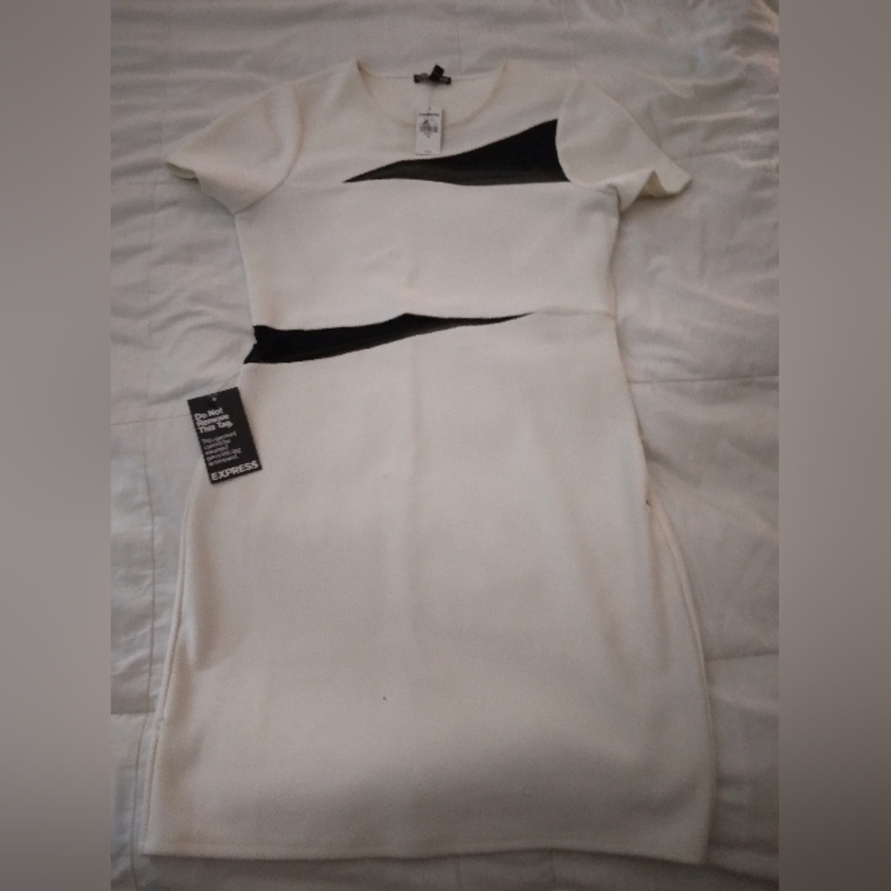 Express short white dress, black mesh cutouts